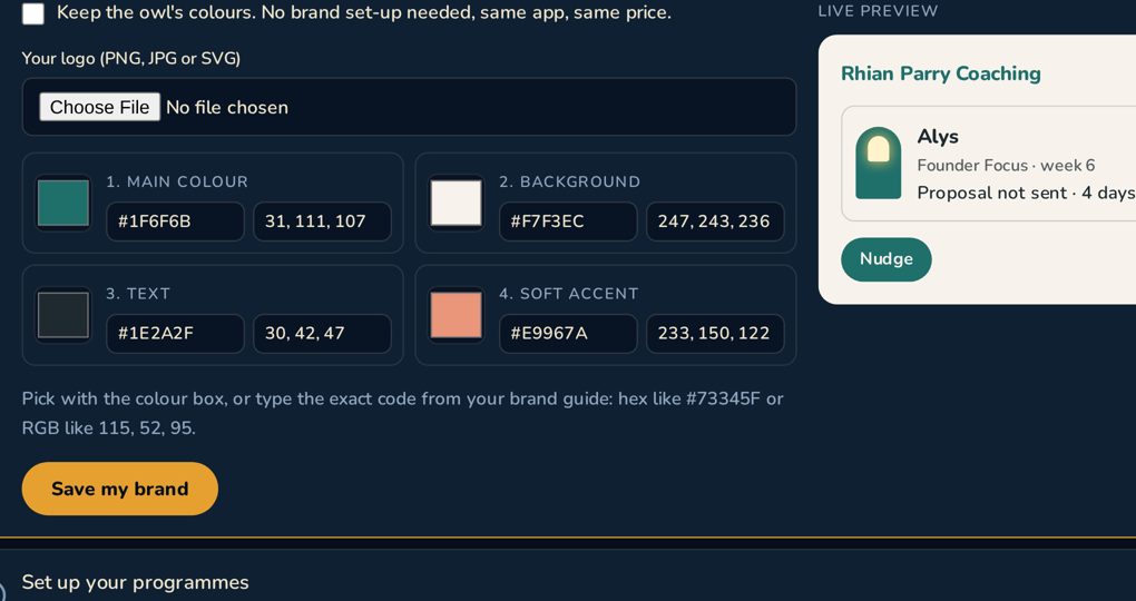 The onboarding screen where a coach sets their four brand colours, with a live preview
