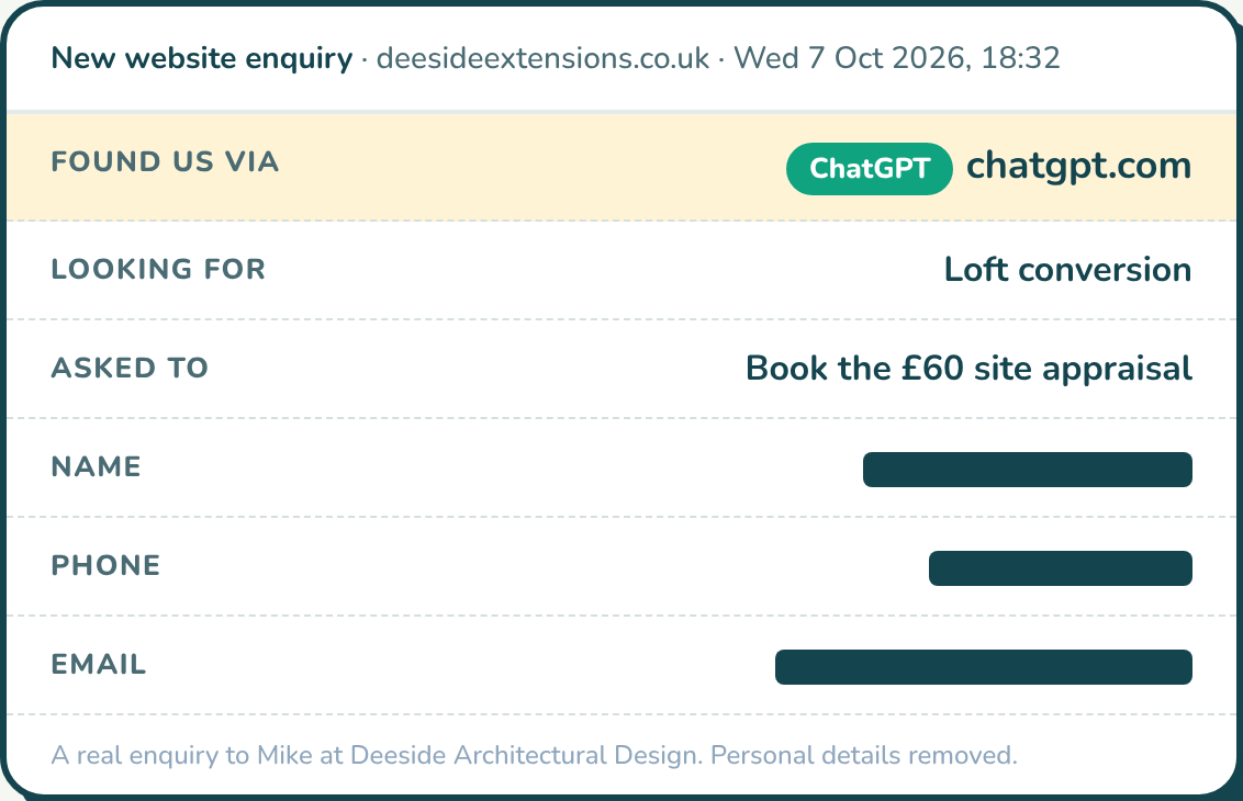 A real website enquiry to Deeside Architectural Design on 7 October 2026. Found us via: chatgpt.com. Looking for: loft conversion. Asked to book the £60 site appraisal. Personal details removed.
